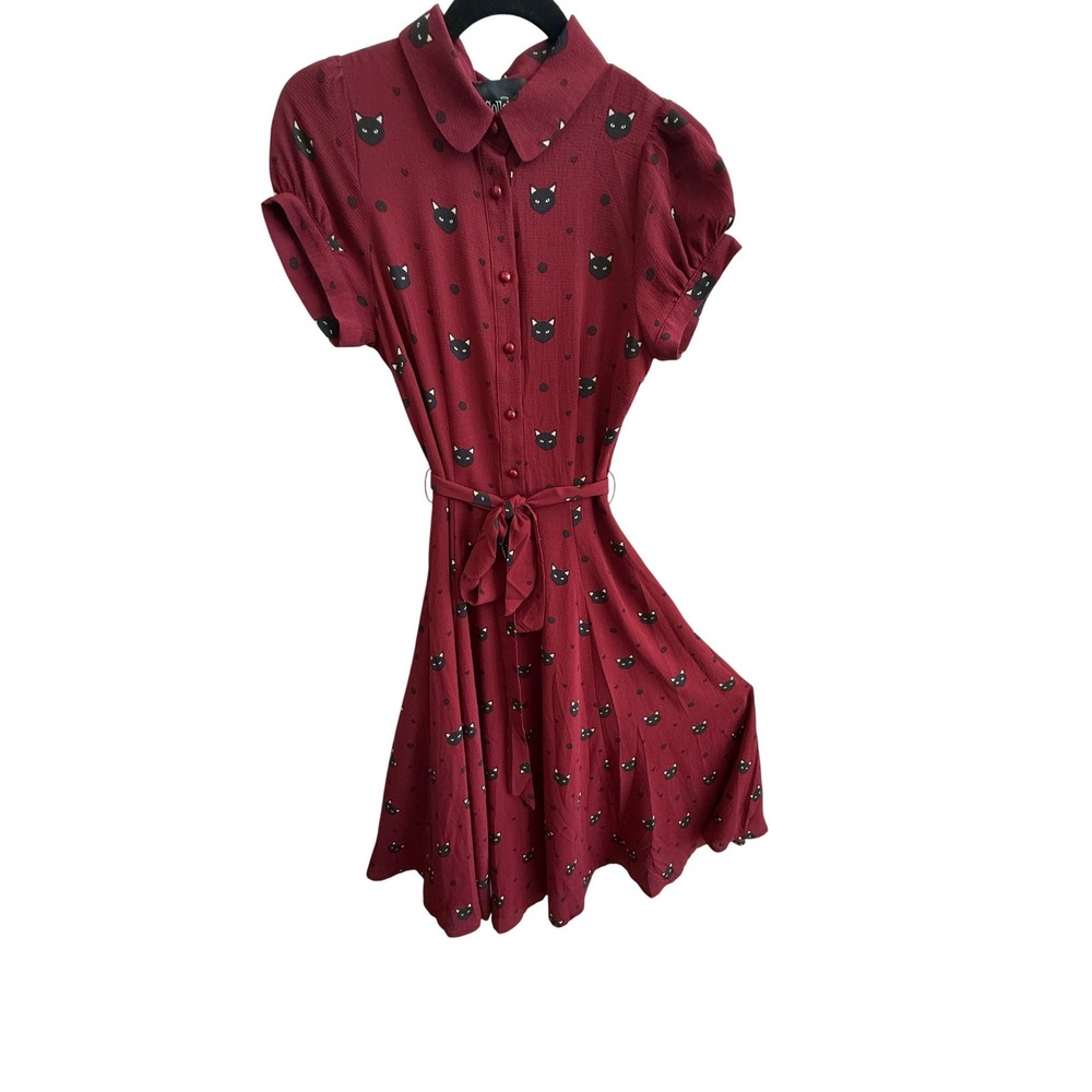 Burgundy Black Cat face swing fit and flare dress Collectif London Retro US 2 - Picture 2 of 7